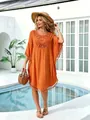Vibrant orange bohemian beach cover-up featuring crochet lace detail and tassel fringe trim - One Size / Dresses / Orange