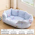 Blue and white checkered plush pet bed sofa with lace trim, includes detailed size chart - Blue Plaid
