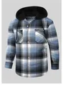 Dettaglio frontale camicia di flanella a scacchi blu da uomo con cappuccio nero - Taglia S / Top / Plaid Blu Bianco Nero