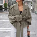 High-end khaki short trench coat featuring large lapels and an adjustable waist belt - XL / Tops / Green