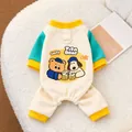 Detail view of dog four-legged pajamas with leash D-ring and cartoon bear print - S / Blue