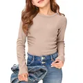 Close-up detail of girls long sleeve ribbed T-shirt in beige cotton blend stretch fabric - S / Tops / Off White