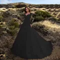Elegant black lace long sleeve wedding dress with V-neck and heavy train embroidery - S / Dresses / Black