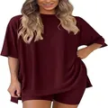 Completo loungewear bordeaux da donna con maglietta ampia e pantaloncini a vita alta - Borgogna