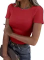 Détail du t-shirt femme rouge côtelé à manches courtes avec une coupe slim élastique et col rond - S / Hauts / Rouge