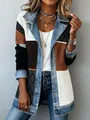 Detailed view of women's stylish long-sleeved patchwork jacket with knit and denim textures - 3XL / Tops / Contrast Color