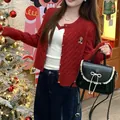 Red cable knit cardigan featuring cute bear embroidery in a Korean academy style sweater - One Size / Tops / Red