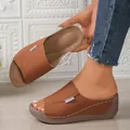 Stylish brown wedge platform sandals for women featuring peep toe and fashion label details - 36 / Tan