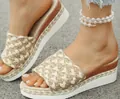 Close-up view of stylish woven hemp rope platform slides showing texture and open-toe design - 36 / Colorful Woven Wedge Slides (YD04M13005698) / Off White