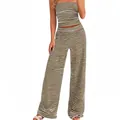 Detailed full view of women's casual brown and white striped tube top and wide-leg trousers set - Brown White Stripe