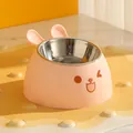 Erhöhter Katzennapf aus Edelstahl mit süßem rosa Hasen-Design für optimalen Nackenschutz - Edelstahl-Innenversion / Rosa