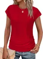 Détail du t-shirt rouge pour femme avec manches courtes plissées et col rond élégant. - S / Hauts / Rouge
