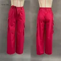 Detailed front and back views of wine red high-street loose wide-leg cargo pants for women - Burgundy
