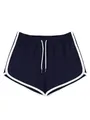 Dettaglio vista frontale di pantaloncini sportivi blu navy da donna con bordo bianco - Blu navy