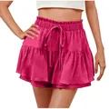 Close-up detail of women's vibrant fuchsia ruffled skort with comfortable drawstring waist. - Rose Red