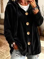Dettaglio ravvicinato di un cardigan in velluto nero con cappuccio e bottoni in legno - Taglia S / Top / Nero