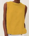 Detailed view of a mustard yellow cotton linen sleeveless top featuring a boat neck - Earthy Yellow