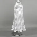 Detail view of a French style white and black polka dot maxi skirt with draped high waist. - XS / Bottoms / White