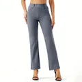 Front view of women's grey straight leg casual trousers with comfortable elastic waist - S / Bottoms / Gray