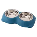 Blue double pet bowl with stainless steel inserts and non-slip base - Medium (26*16*4cm) / Double Bowl (Stainless Steel Liner) / Dark Blue