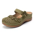 Sandali con zeppa vintage verde oliva da donna con fiori 3D e motivi traforati al laser. - 35 / Verde