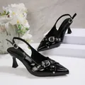 Elegant black patent leather pointed-toe slingback heels with decorative buckles - 38 / Glossy Black (2623)