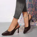 Elegant dark brown croc-embossed slingback pumps with pointed toe and thin high heels - 38 / Brown Snake Pattern (2605-1)