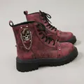 Bottines de combat en cuir bordeaux pour hommes avec tête de mort argentée et chaîne - 36 / Bordeaux