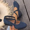Zapatos planos cómodos de ante azul marino con elegantes correas cruzadas para mujer - 36 / Azul