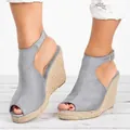 Stylish grey suede peep-toe wedge sandals with ankle strap and woven espadrille platform - 35 / Gray