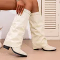 Bottes hautes plissées blanc cassé pour femmes avec talon haut épais style britannique - 36 / Velours Beige