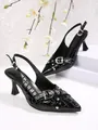 Elegant black crocodile-embossed pointed-toe kitten heel slingbacks with buckle detail. - 38 / Black Snake Pattern (2623-1)