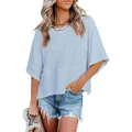 Detail showing loose fit and seamed design of light blue crew neck bell sleeve top - Sky Blue