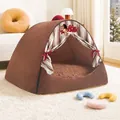Cozy brown plush pet tent bed with striped curtains and matching pillow - Retro Grid Tent / M (45cmx35cmx33cm) + Pillow / Coffee