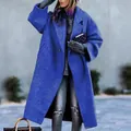 Women's royal blue long wool coat with oversized lapel in a street style setting - Royal Blue