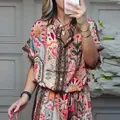 Bohemian style paisley print two-piece set featuring short sleeve top and wide-leg pants - 3XL / Tops