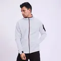 Professional view of a men's casual white sports zip-up hoodie with hood and dark accents - S / Tops / White