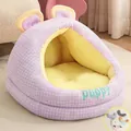 Cama para gatos a cuadros morados con almohada suave a juego incluida para mascotas - Oso Violeta (Con Almohada)