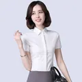 Elegant professional white short sleeve button-down shirt for women in slim fit office style - 38 / Tops / White