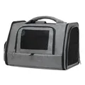 Detail view of a grey portable pet carrier with breathable mesh windows and handle - 50x32.5x33cm / Gray