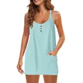 Casual light blue sleeveless sundress featuring decorative buttons and front pockets - Light Blue