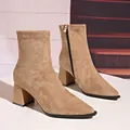 Detailed view of stylish khaki suede pointed toe ankle boots with a sturdy block heel. - 35 / Apricot