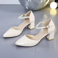 Elegant off-white pointed toe chunky heel sandals with pearl ankle strap - 34 / Off White
