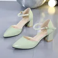 Elegant mint green pointed toe chunky heel sandals featuring pearl ankle strap - 34 / Mint Green