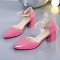 Chic pink pointed-toe block heel sandals with elegant pearl ankle strap - 34 / Rose Red