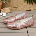 Elegant metallic rose gold Mary Jane ballet flats with elastic cross straps and soft soles - 36 / Pink