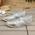 Silver metallic Mary Jane ballet flats with criss-cross straps, retro casual style shoes. - 36 / Silver