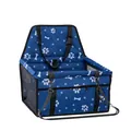 Waterproof blue pet car booster seat featuring white paw and bone patterns with mesh sides - Blue With Dog Paw Prints