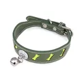 Reflective green pet collar with bone patterns and a silver bell for cats and dogs - One Size: Neck 22-32cm / Green