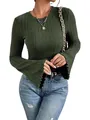Detailed view of the dark green 8x4 ribbed knit long sleeve top with flared lettuce edge cuffs. - Army Green
